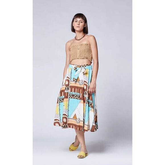 Baci Linen Blend Aztec Patchwork Belted Maxi Skirt Made In Italy Size Small S - Picture 2 of 10